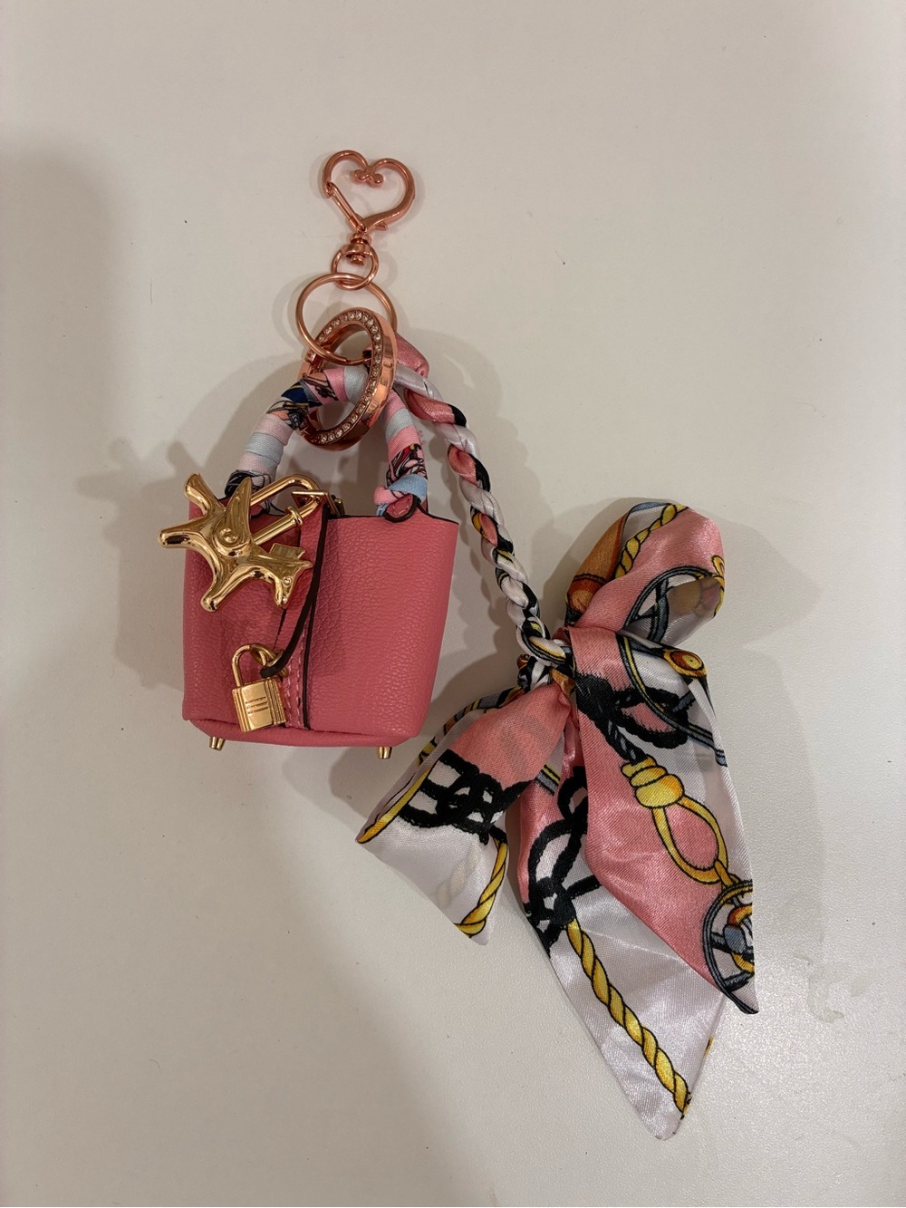 Mini Pink Tote Bag Keychain with Scarf Accent and Gold Hardware